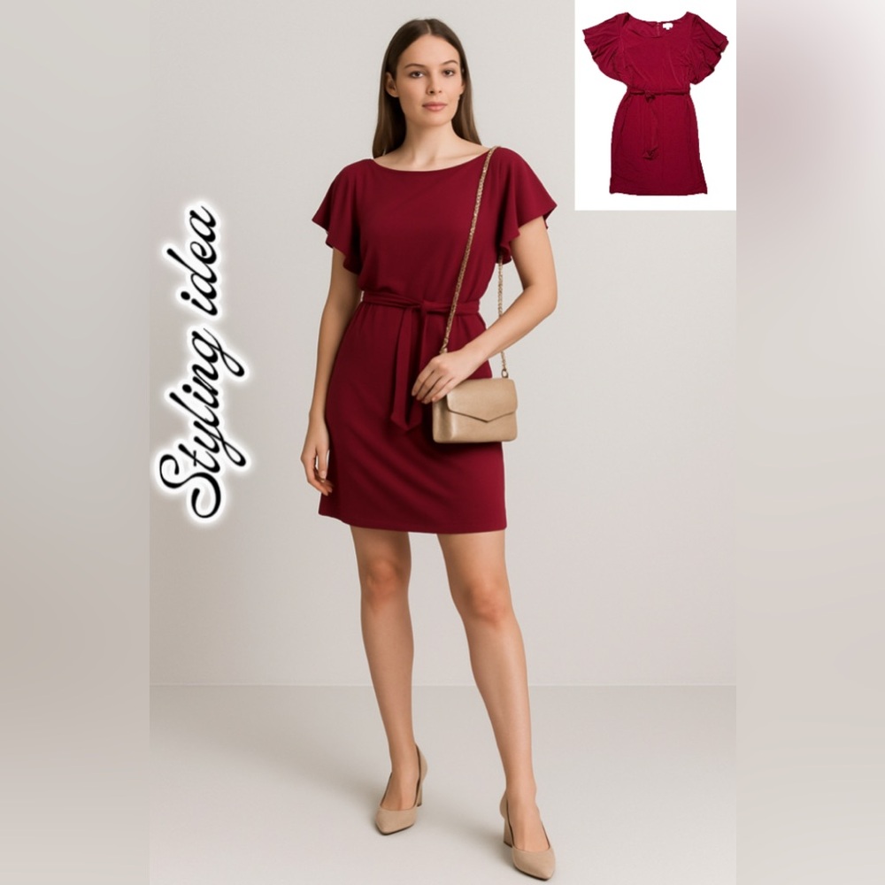 Calvin Klein Womens SZ 14 Red dress flared sleeves knee length belted holiday